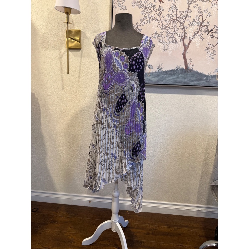 India Boutique Purple Paisley Mixed Print Pleated Handkerchief Hem Dress Womens